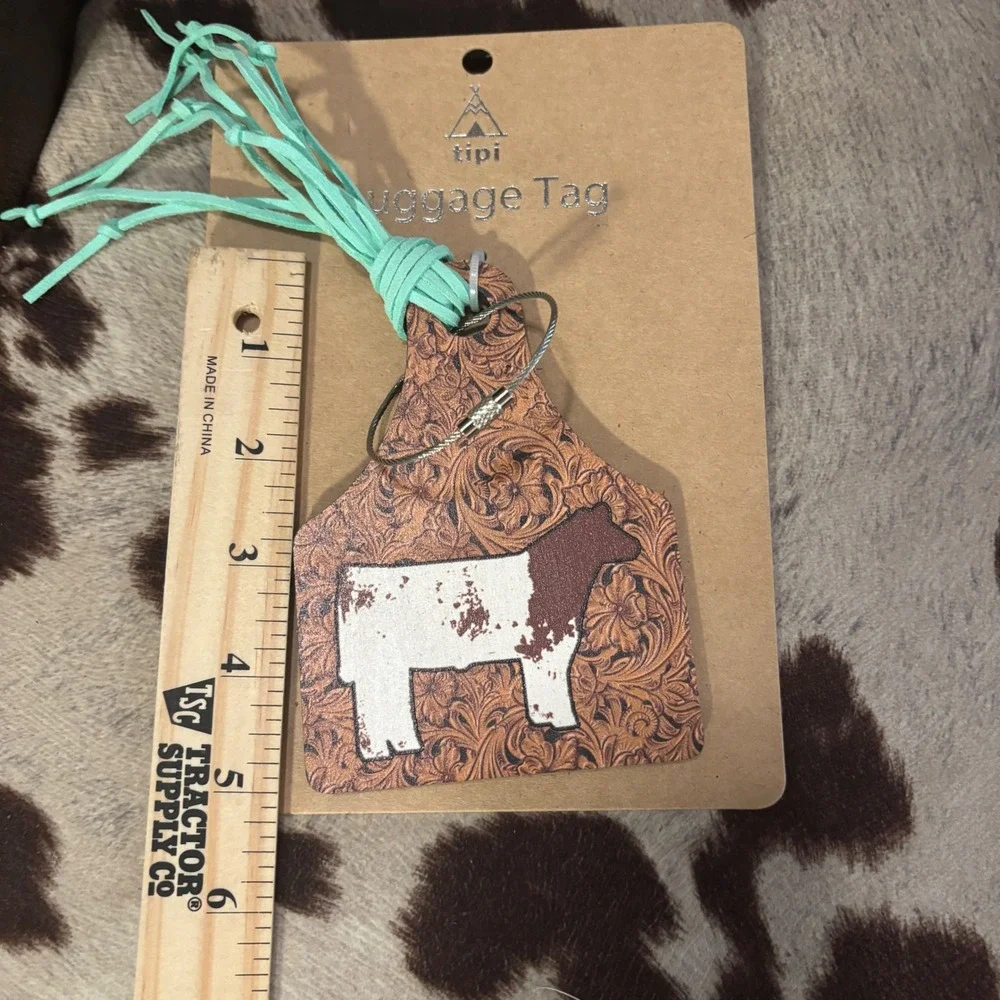 Luggage Tag Backpack Brown Western Cow Ear Tag Hereford Floral Tooled New